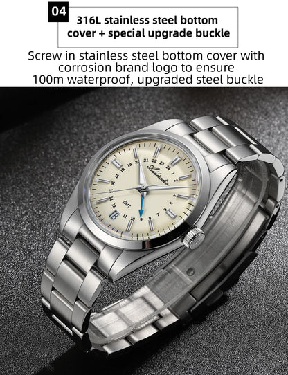ADDIESDIVE 36mm Men's Analog Watch GMT 515-24H Watch BGW9 Luminous 100m Waterproof Stainless Steel Men's Quartz Watches AD2065