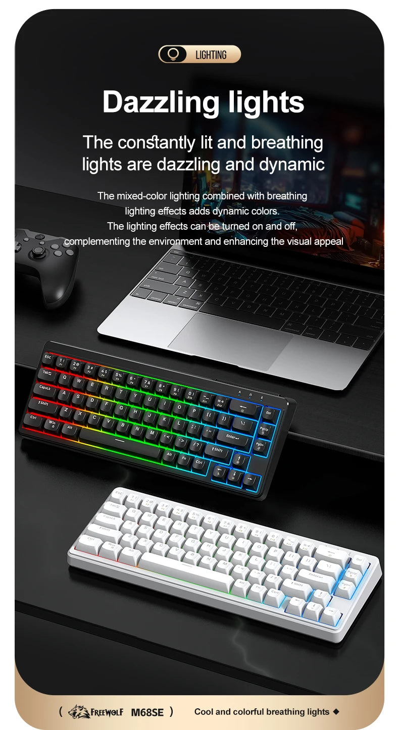 FREEWOLF M68SE Mechanical Feel Keyboard 68 Keys Mini Wired Compact Keyboard Silent for Laptops,Gaming and Office Use
