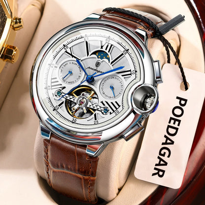 POEDAGAR Herrenuhr im luxuriösen und professionellen Stil, mit Datums- und Wochentagsanzeige, Tourbillon, Edelstahlgehäuse, mechanischem Automatikwerk und Wasserdichtigkeit.