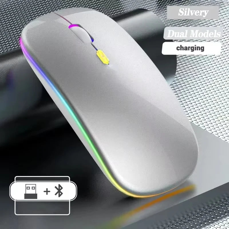 Безжична презареждаема мишка с два режима, съвместима с Bluetooth, 2.4G USB компютърна мишка за лаптоп, iPad, таблет и Notebook, геймърска мишка