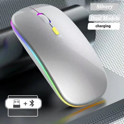 Безжична презареждаема мишка с два режима, съвместима с Bluetooth, 2.4G USB компютърна мишка за лаптоп, iPad, таблет и Notebook, геймърска мишка