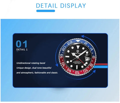 PAGANI DESIGN 40mm GMT Men's Mechanical Watches Rubber Strap Rotating Bezel 100 Waterproof Sports Wristwatch Mens Business Clock