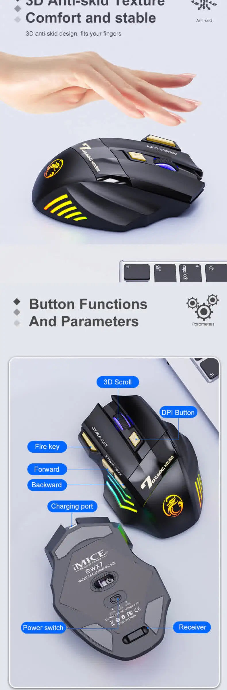 Vezeték nélküli Bluetooth egér, újratölthető számítógépes gamer egér, ergonomikus RGB háttérvilágítású, csendes egér PC-hez