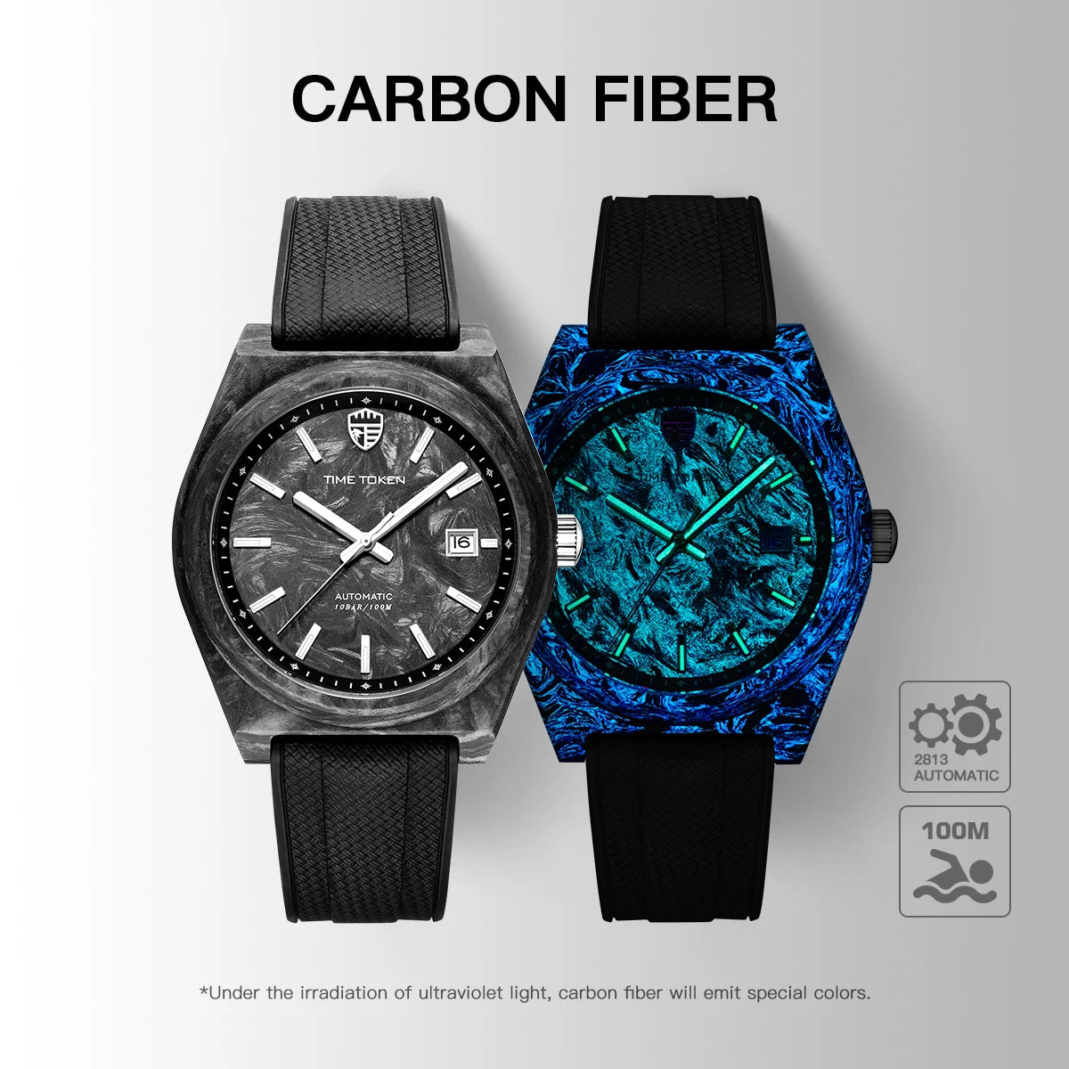 TIME TOKEN  Limited Edition 41mm Luminous Magic Carbon Fiber Men's Automatic Mechanical Watches Calendar Miyota8215 Movement
