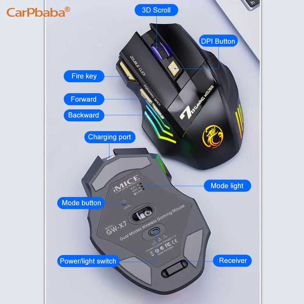 Vezeték nélküli Bluetooth egér, újratölthető számítógépes gamer egér, ergonomikus RGB háttérvilágítású, csendes egér PC-hez