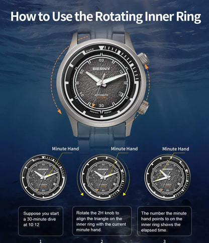 BERNY Automatic Diving Watches for Men Full Titanium Lightweight Super Luminous Mechanical Men's Diver Watch 20ATM Sapphire