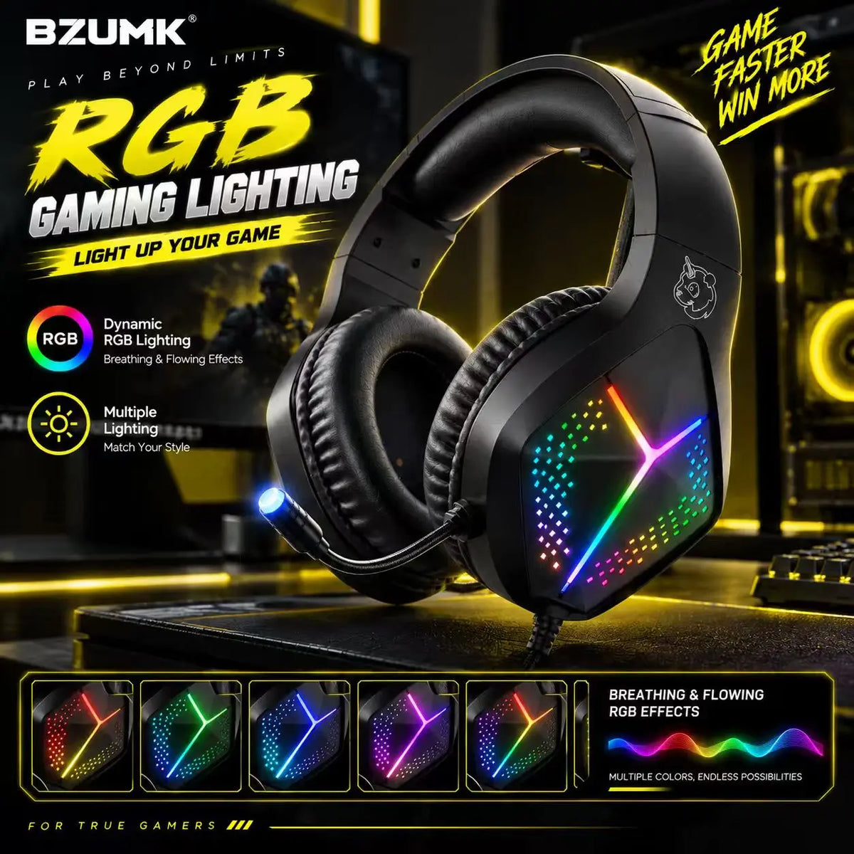 Casque de jeu filaire BZUMK H2, son surround 7.1 RGB, haut-parleurs de 50 mm, casque supra-auriculaire, microphone à réduction de bruit pour PC, PS4, PS5