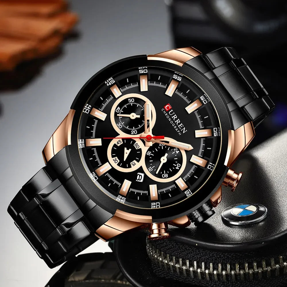 CURREN Chronographenuhr für Herren, großes Zifferblatt (48 mm), Edelstahlarmband, drei Hilfszifferblätter, Quarz-Sportarmbanduhr, luxuriöser Stil