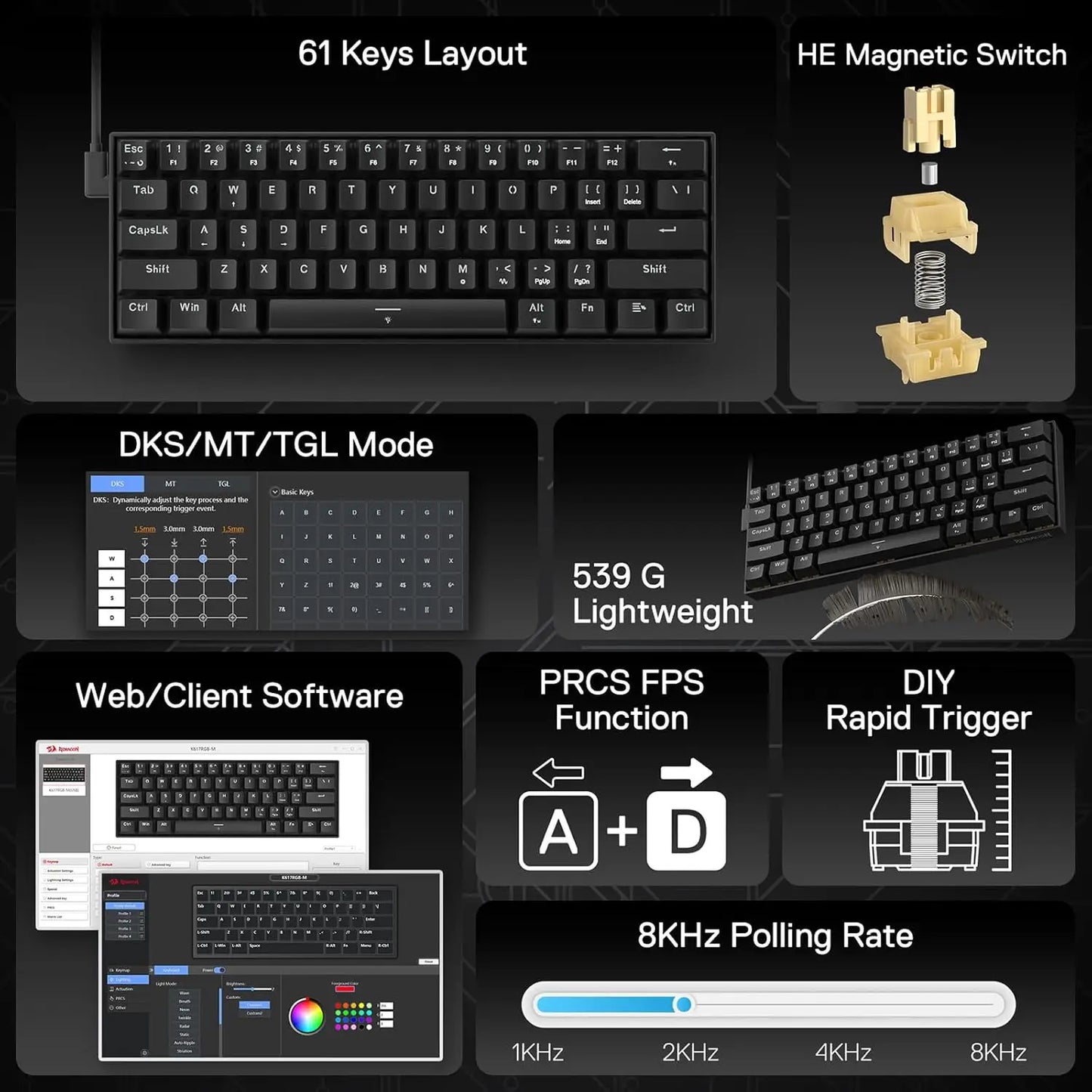 Redragon K617 HE Rapid Trigger Gaming Keyboard, 60% 61 Keys Wired Mechanical Keyboard, Dedicated Hall Effect Magnetic Switch