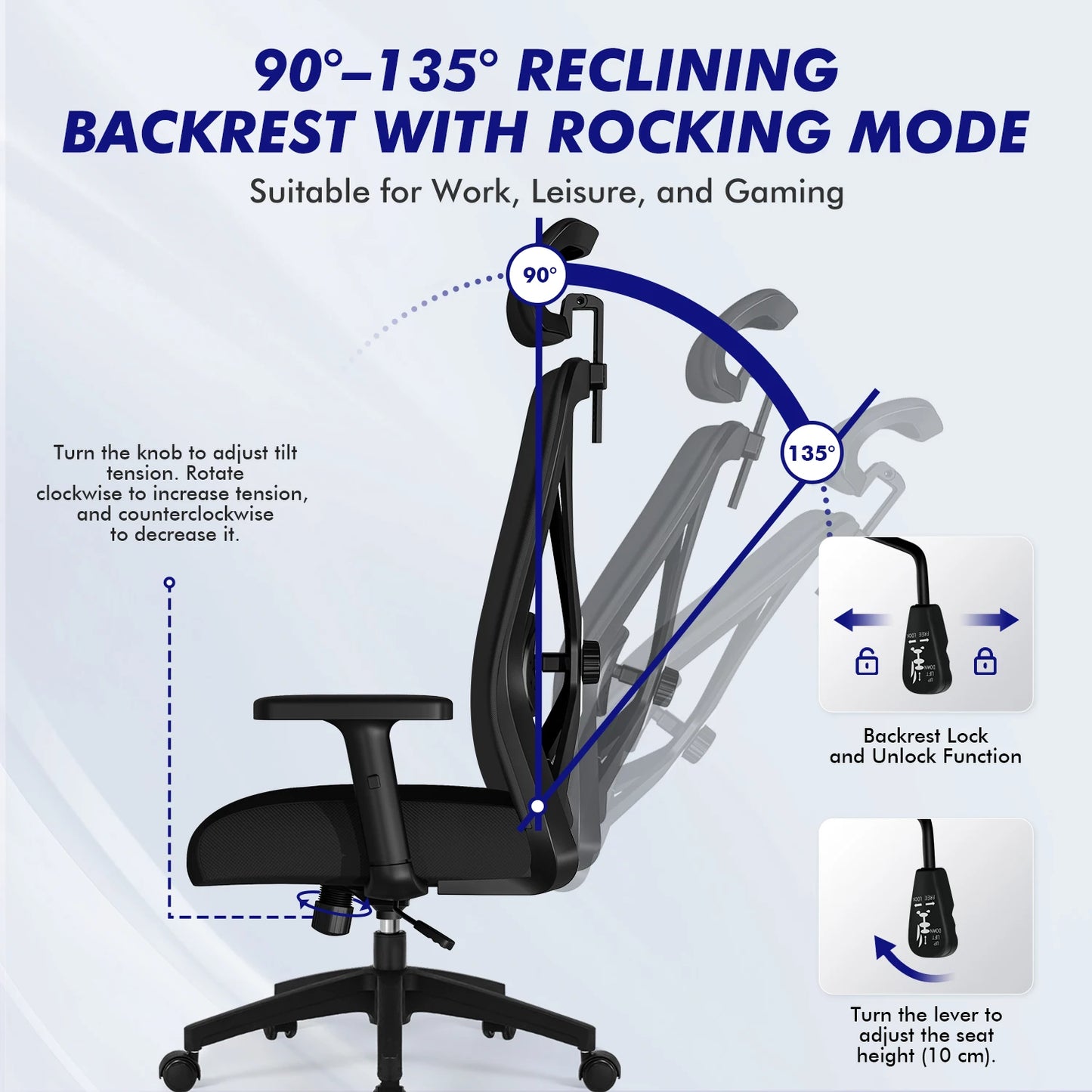 AUTHMIC Ergonomic Office Chair with 5D Lumbar Support, Mesh Back, Adjustable Headrest, Armrests & Reclining Desk Chair