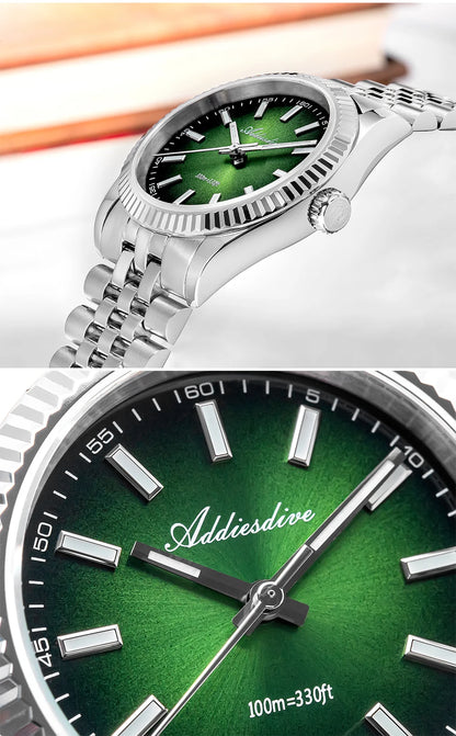 ADDIESDIVE New Men's Watch AD2073 Sapphire Glass 36mm VH31 Sunburst Quartz Watches 10Bar Waterproof Diving Luminous Wristwatch