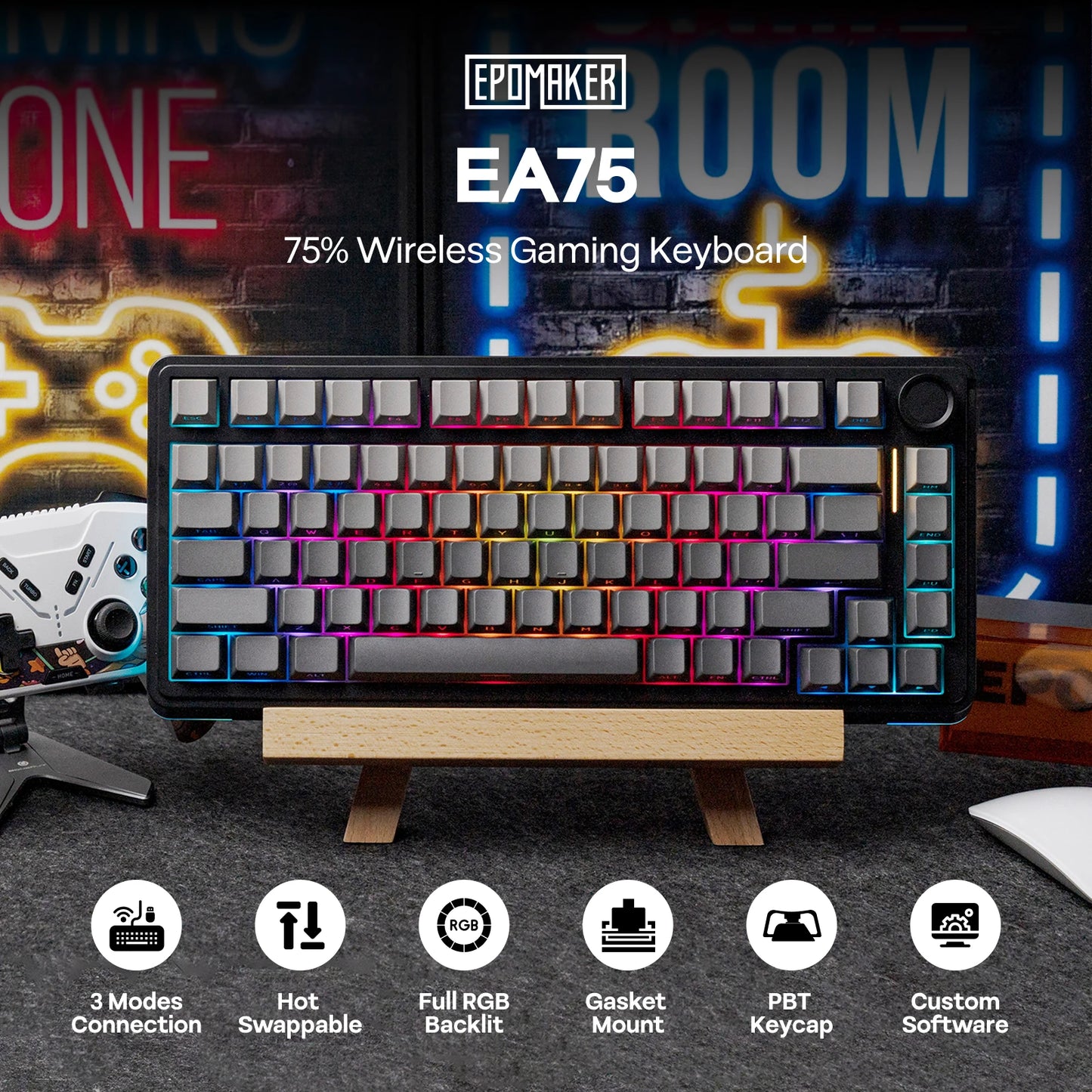 EPOMAKER EA75 75% US QWERTY Layout Hot-Swap Gasket-Mounted Wired/2.4GHz/Bluetooth Wireless Mechanical Keyboard RGB Backlight