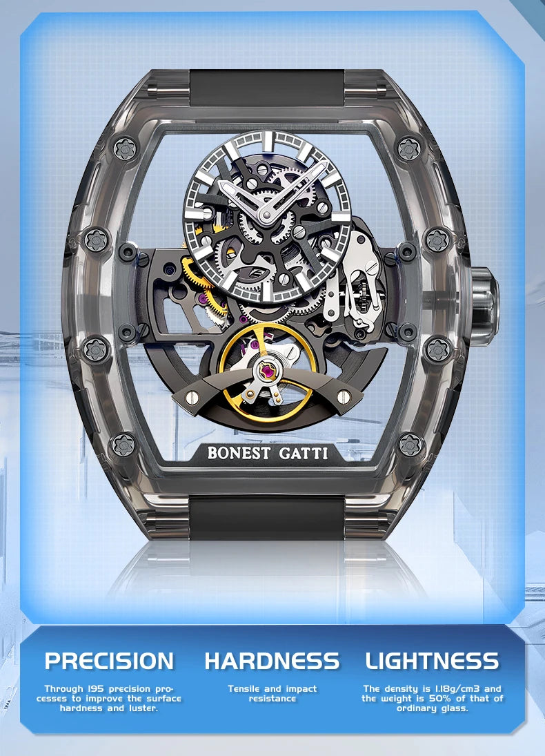 BONEST GATTI New Fully Automatic Men Watch Skeleton Mechanical Watch Rubber Black Band Luminous Barrel Shaped Men Watch