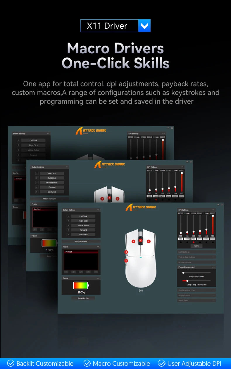 ATTACK SHARK X11 trojrežimová ľahká herná myš s PAW3311,22000DPI,400IPS,40G,59g,magnetickým rýchlonabíjaním,RGB podsvietením