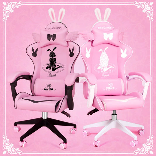 Pink Gaming Chair for Girls with Footrest, Ergonomic Swivel Gaming Chair, Adjustable Office Computer Chair, Cute Cartoon Gamer Chair