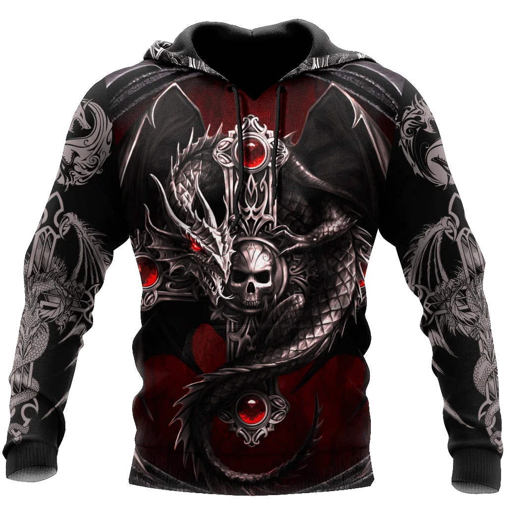 Oversized Tattoo Skeleton Cross Terror Red – męska bluza z kapturem z nadrukiem 3D, dresy codzienne Raven Bad Wolf – odzież z motywami zwierzęcymi