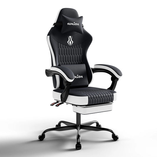 SUKIDA Gaming Chair Ergonomic Gamer Chair with Footrest, Adjustable Lumbar Support Pillow, Reclining Office Chair for Gaming & Work