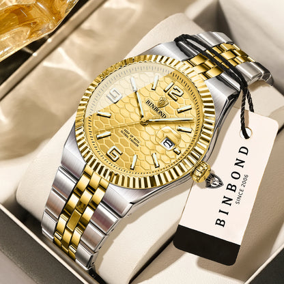 Luxus-Quarz-Armbanduhr von BINBOND, beleuchtet, wasserdicht, mit automatischem Datumsanzeige, für Herren, aus Edelstahl, im Business-, Sport-, Mode- und Freizeit-Stil.