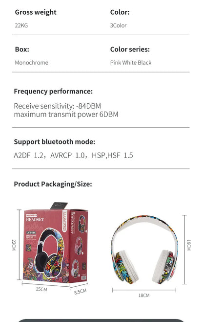 New Graffiti Wireless Bluetooth Gaming Headset LX-8686 with Mic, LED Light, TF Card Support, Deep Bass Over-Ear Headphones for PC, Gaming & Kids