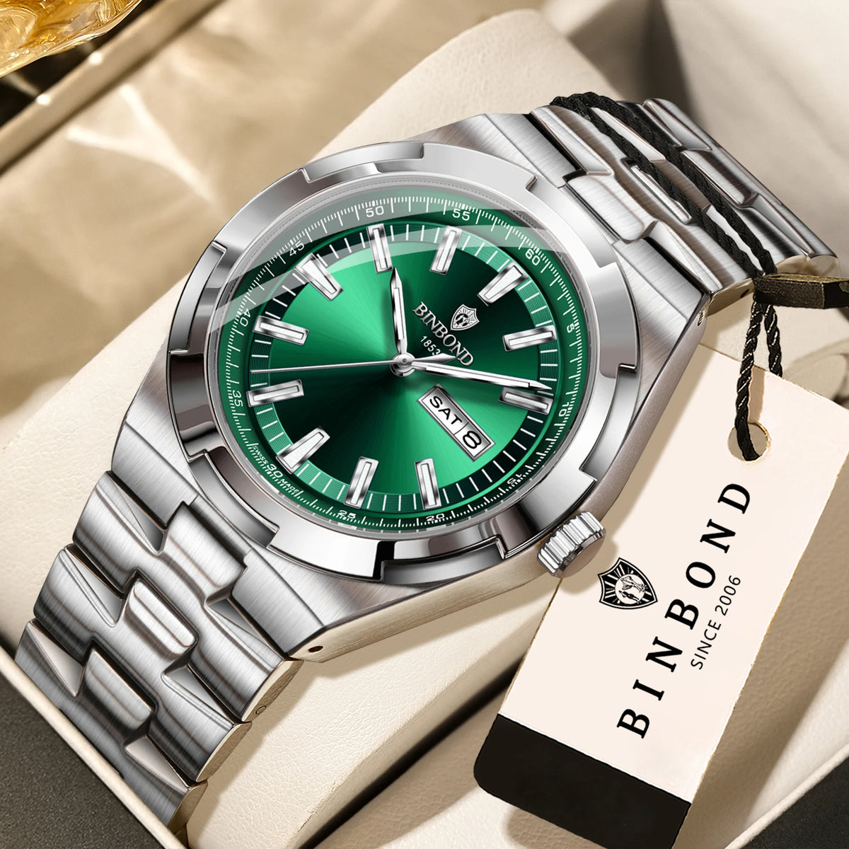 Montres à quartz BINBOND en acier inoxydable pour hommes – Montre de luxe, étanche et luminescente – Modèle original pour homme