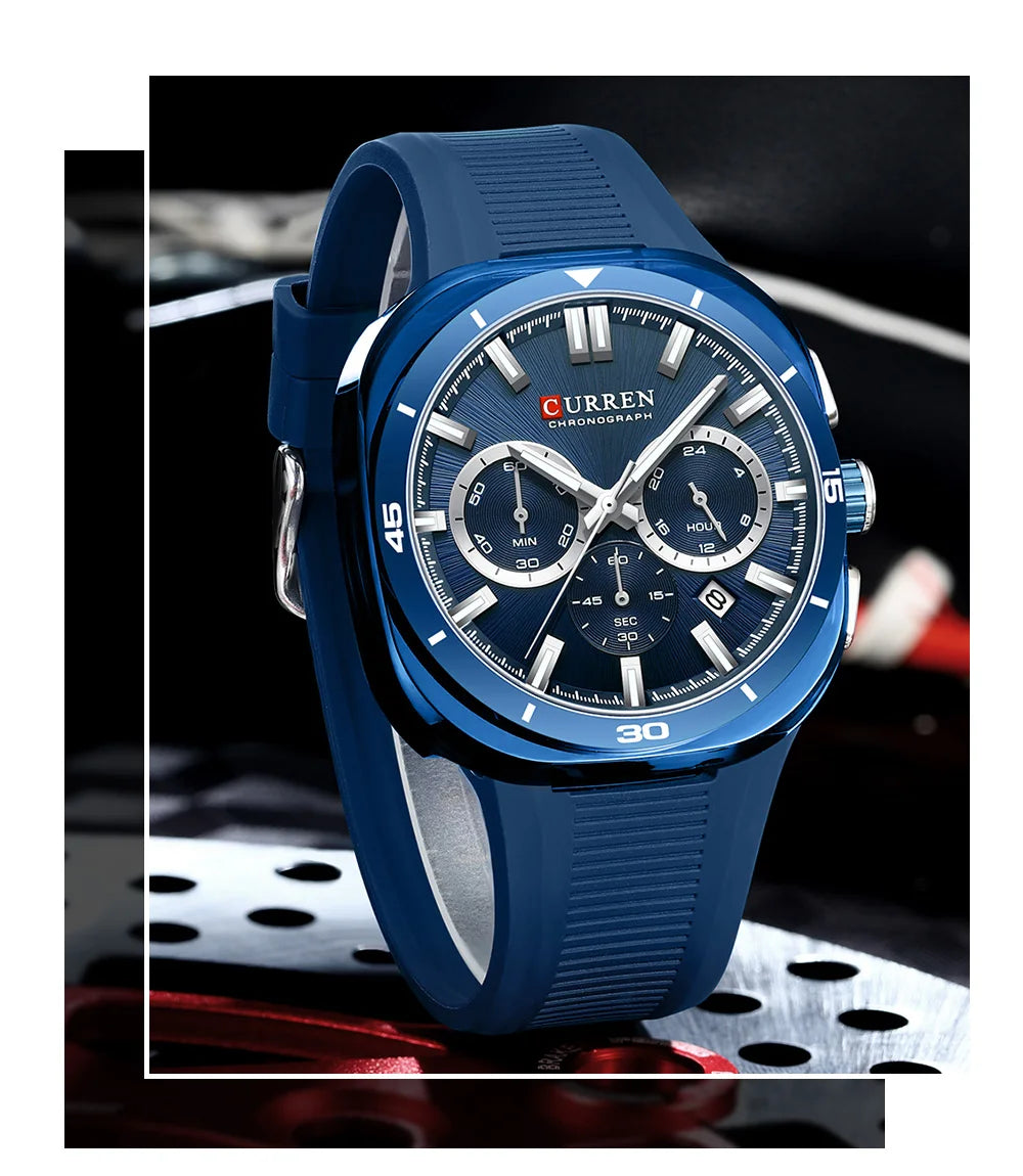 Orologio da uomo CURREN – Nuovo modello di lusso al quarzo, cinturino in silicone, stile sportivo, multifunzione, impermeabile, luminescente, con datario e cronometro.