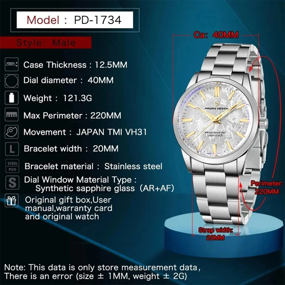 PAGANI DESIGN 40MM Meteorit-Zifferblatt Herren-Quarzuhr Luxus Business Saphir 316L Edelstahl 100M wasserdichte Uhr für Herren
