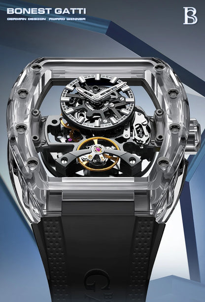 BONEST GATTI New Fully Automatic Men Watch Skeleton Mechanical Watch Rubber Black Band Luminous Barrel Shaped Men Watch
