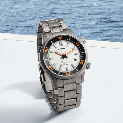 BERNY Automatic Full Titanium Diver Watch For Men Supper Luminous Sappire AR Coated Miyota 8215 Dual Crown Mechanical Dive Watch