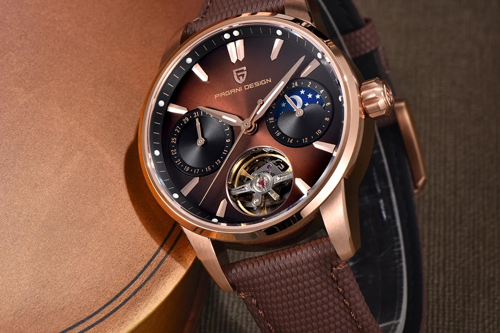 PAGANI DESIGN – Relógio mecânico de luxo para homem, 41 mm, vidro de safira, bracelete em pele, estanque, estilo piloto, com turbilhão e fase lunar