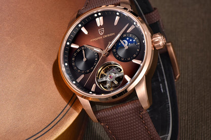 PAGANI DESIGN – Relógio mecânico de luxo para homem, 41 mm, vidro de safira, bracelete em pele, estanque, estilo piloto, com turbilhão e fase lunar