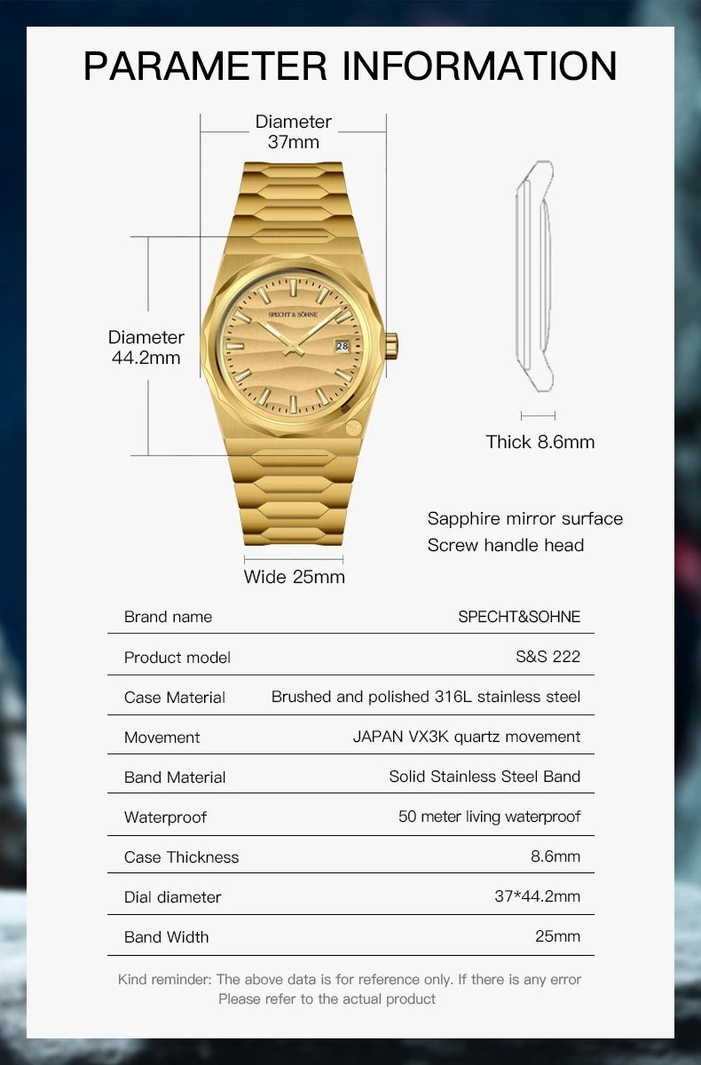 2025 New Arrivals Specht & Söhne 222 Gold Watches For Men Super Slim Steel Sapphire Classic Quartz Watch Relogio Masculino 37MM