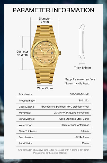 2025 New Arrivals Specht & Söhne 222 Gold Watches For Men Super Slim Steel Sapphire Classic Quartz Watch Relogio Masculino 37MM