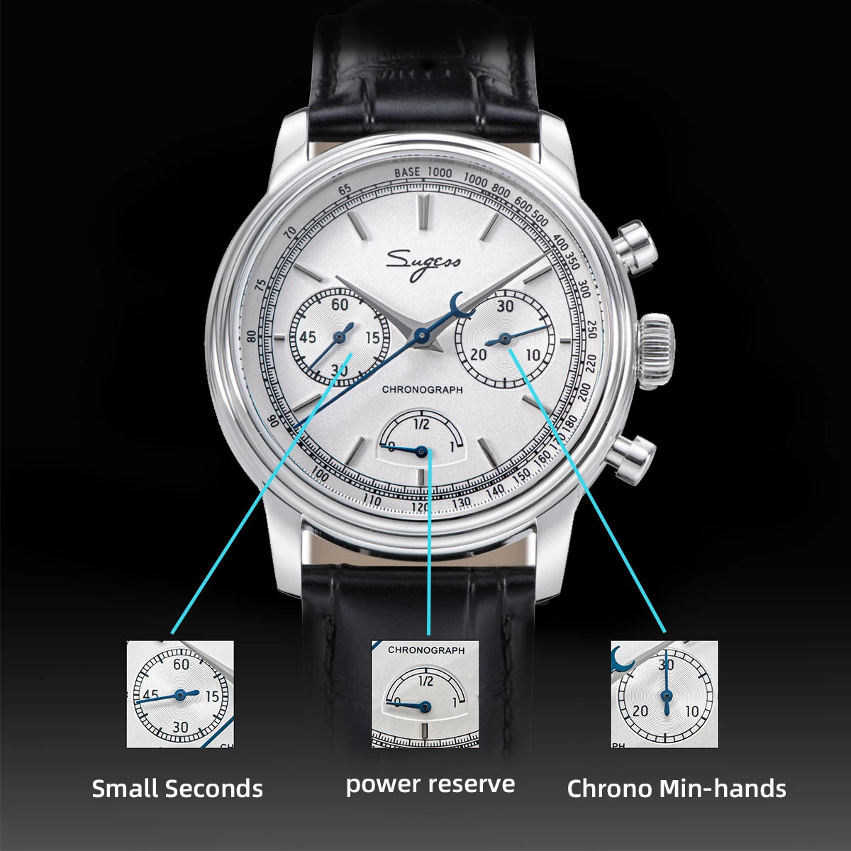 Sugess Men's Pilot 1963 Wristwatch ST1906 Chronograph Handwind Movement Domed Sapphire Waterproof Power Reserve Lume V2