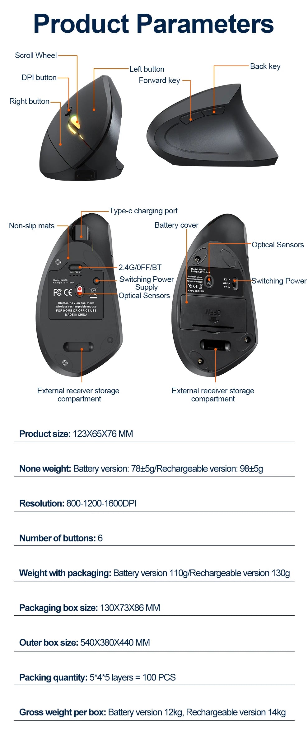 2.4G Bluetooth vezeték nélküli függőleges egér, újratölthető, ergonomikus, 1600DPI állítható gaming egér, 6 gombos, laptophoz, PC-hez és számítógéphez