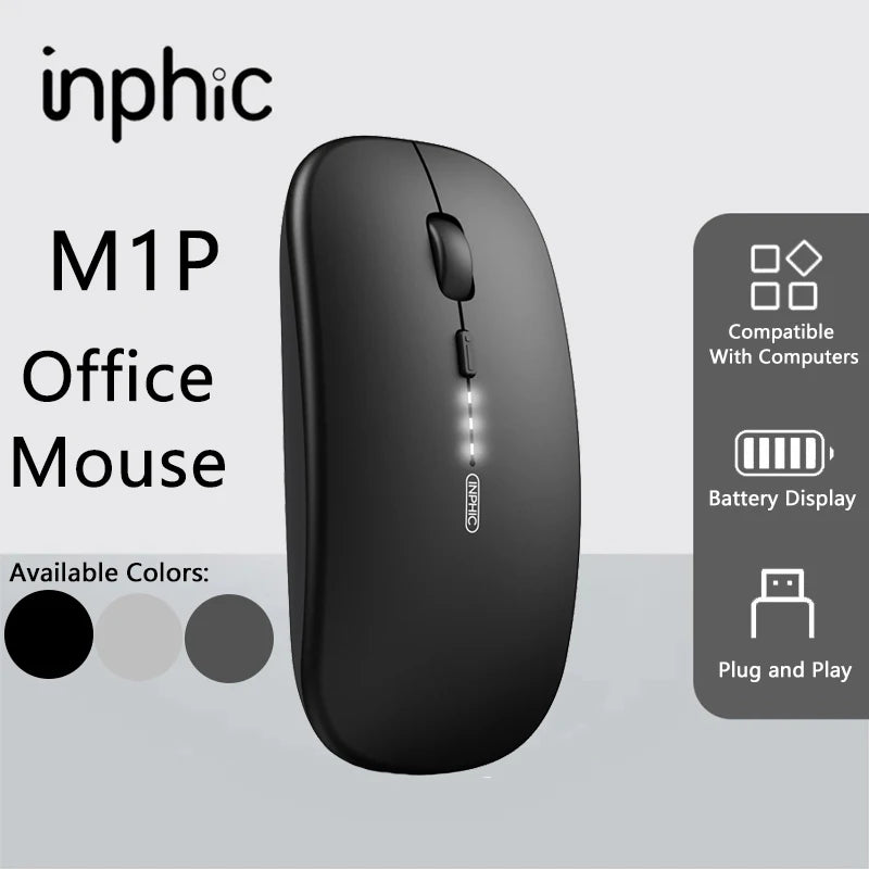 Inphic M1P Wireless Silent Mouse, Ultra-Thin Rechargeable 2.4G Office Mouse with USB Receiver, Type-C Charging, Battery Display & DPI Control