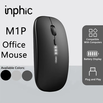 Inphic M1P Wireless Silent Mouse, Ultra-Thin Rechargeable 2.4G Office Mouse with USB Receiver, Type-C Charging, Battery Display & DPI Control