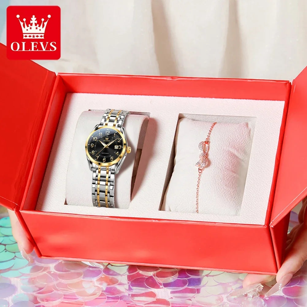 OLEVS Luxury Fashionable Ladies Quartz Watch Waterproof Wristwatch with Arabic Numerals Date Feature And Set Bracelet for Women
