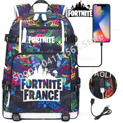 Yule Trooper F-Fortnited Battle Royale Rucksack mit USB-Ladeanschluss, Anime-Figuren, Lern- und Schreibwarenfach für Schüler