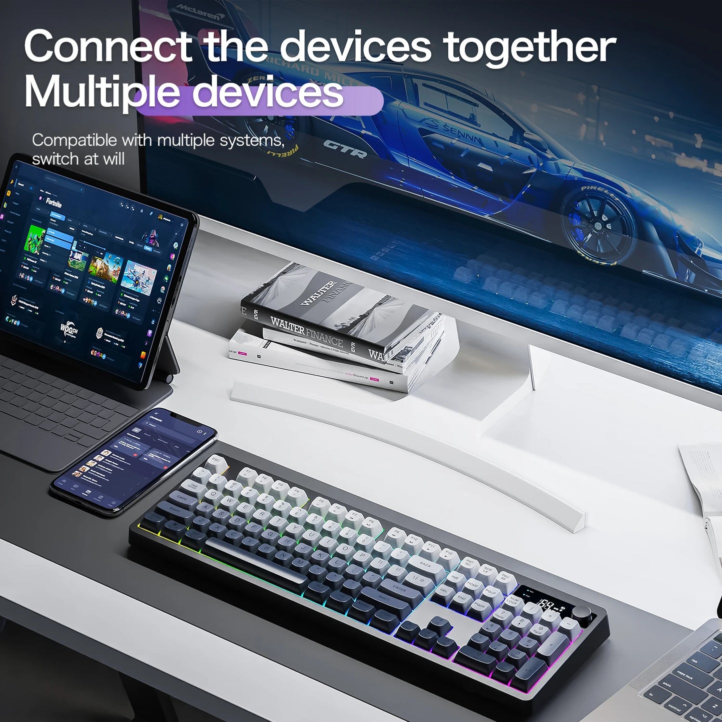 XUNFOX TK100 Bluetooth Wireless Dual-Mode Keyboard, 98-Key RGB Wireless Gaming Keyboard with Rechargeable Battery for Desktop, Laptop & Office