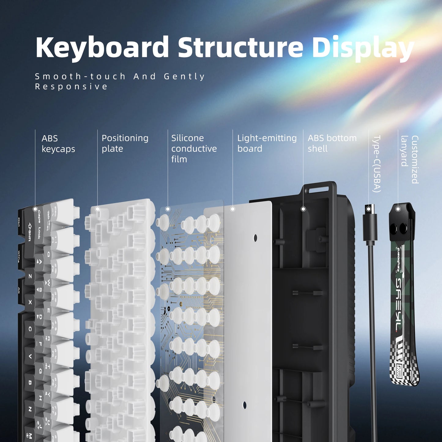 60% compact wired keyboard with RGB backlighting and gradient-colored keycaps, suitable for Windows tablets, laptops and gamers.