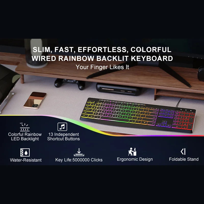New Wired Light Backlit RGB Mute Keyboard  Desktop Notebook Home Business For Office Ultra Thin USB office home