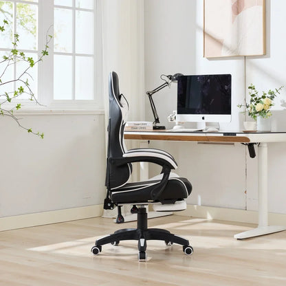 360° Swivel Ergonomic Racing Design Gaming Chair Leather High Back Office Chair Height Adjustable Task Chair, Black & White