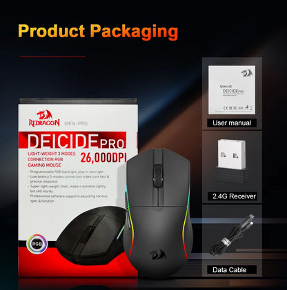 REDRAGON M816 PRO Gaming Mouse 26000 DPI Wireless RGB Gaming Mouse, Tri-Mode 2.4G Bluetooth Wired Mouse with PAW3395 Sensor