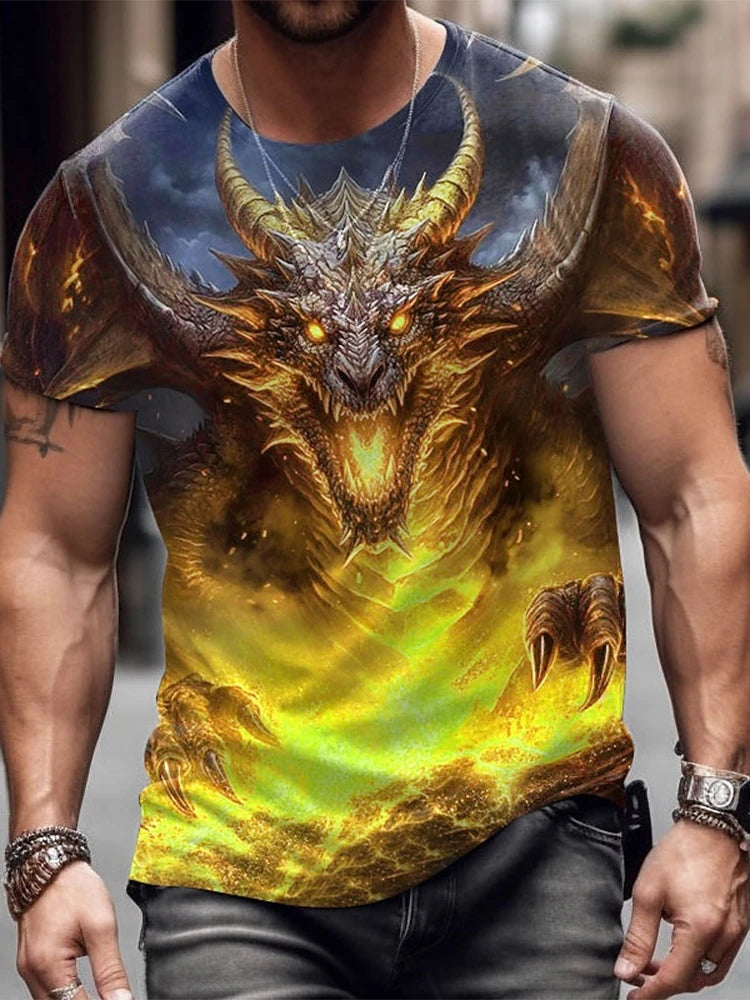 2024 Summer Street Style Fashion Men's T-shirt Urban Everyday Casual Short-sleeved Top 3D Dragon Print Men's Outdoor T-shirt