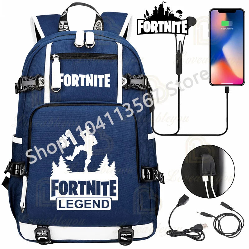 Yule Trooper F-Fortnited Battle Royale Rucksack mit USB-Ladeanschluss, Anime-Figuren, Lern- und Schreibwarenfach für Schüler
