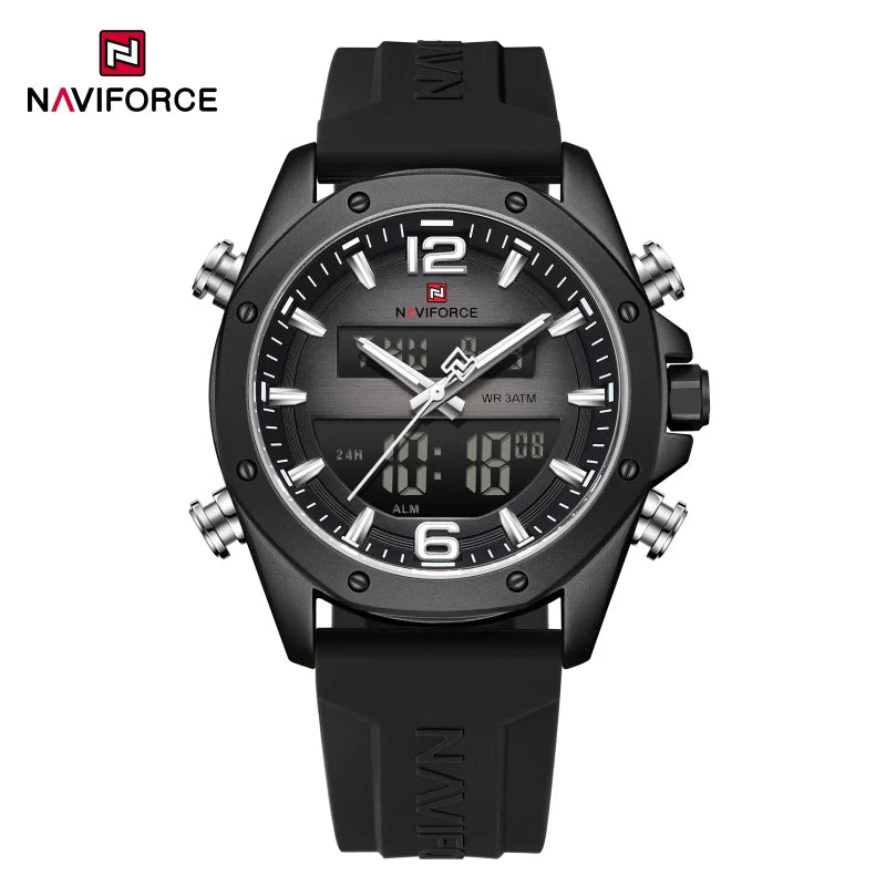 NAVIFORCE Men Quartz LCD Dual Display Watch With Silicone Strap 3ATM Waterproof Shockproof Night Light Round Case Sport Casual