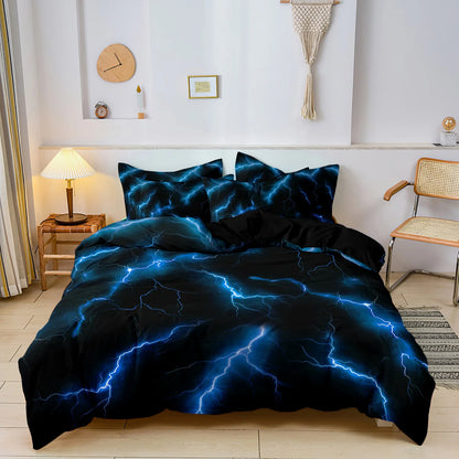 Ensemble de literie 3 pièces avec housse de couette imprimée « Éclair et Tonnerre », doux et respirant, pour toutes les saisons, décoration de chambre à coucher ou de dortoir