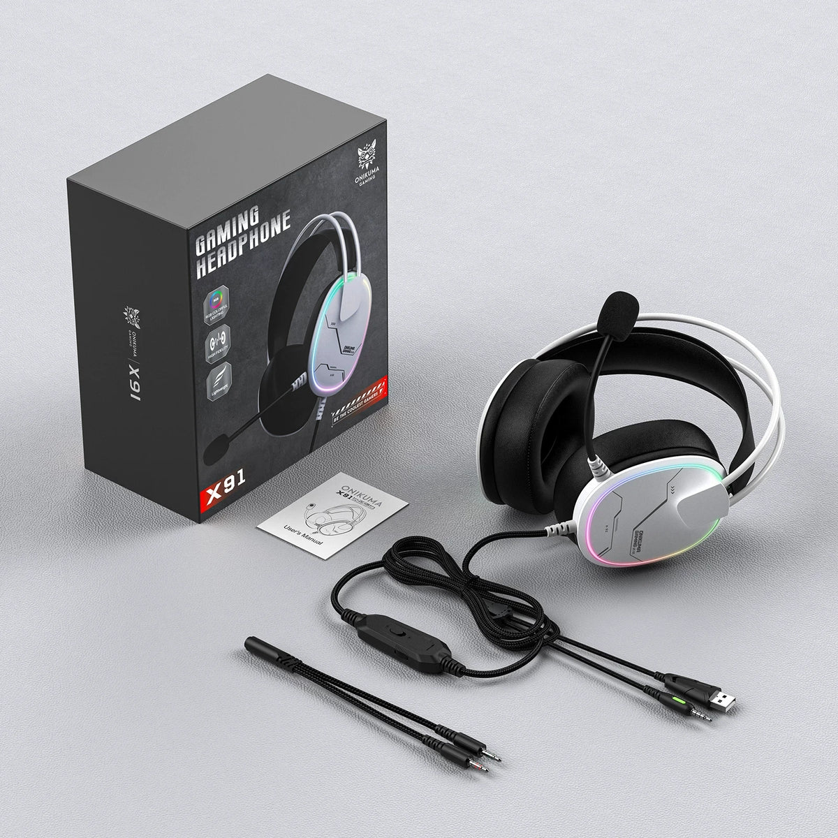 ONIKUMA X91, casque de jeu filaire avec éclairage RGB, casque supra-auriculaire avec microphone flexible, prise audio 3,5 mm pour PC, PS4, ordinateur portable, idéal pour les joueurs.