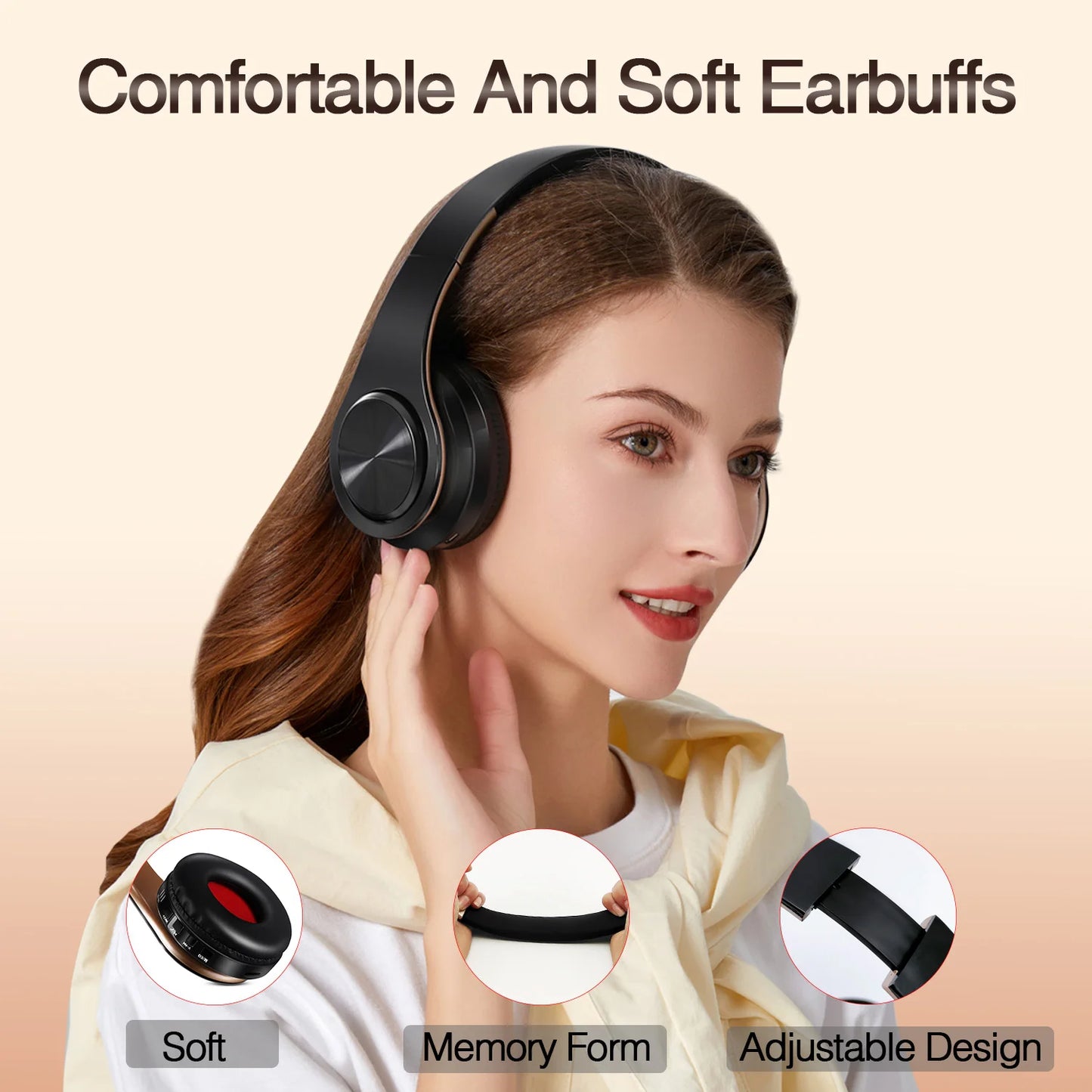CATASSU Gold Bluetooth Wireless Headphones with Microphone, Stereo Headset, Bluetooth 5.3 Earphones, 40mm HiFi Sound, Foldable Headphones for Android & iOS