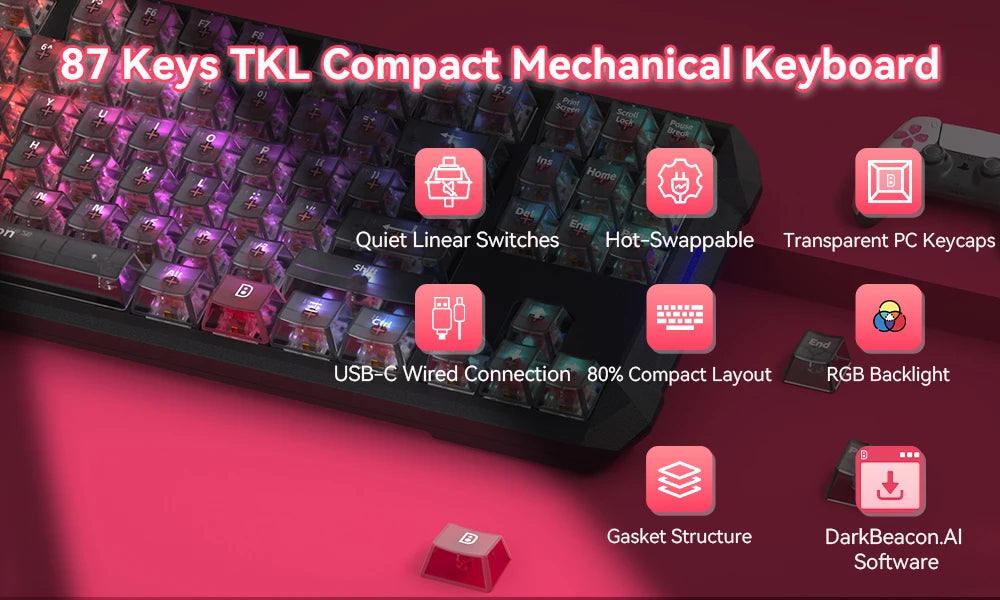 DarKBeacon RGB 87 Keys Compact TKL Keyboard USB Wired Hot-Swappable Silent Mechanical Keyboards for Windows Laptop PC Game Work
